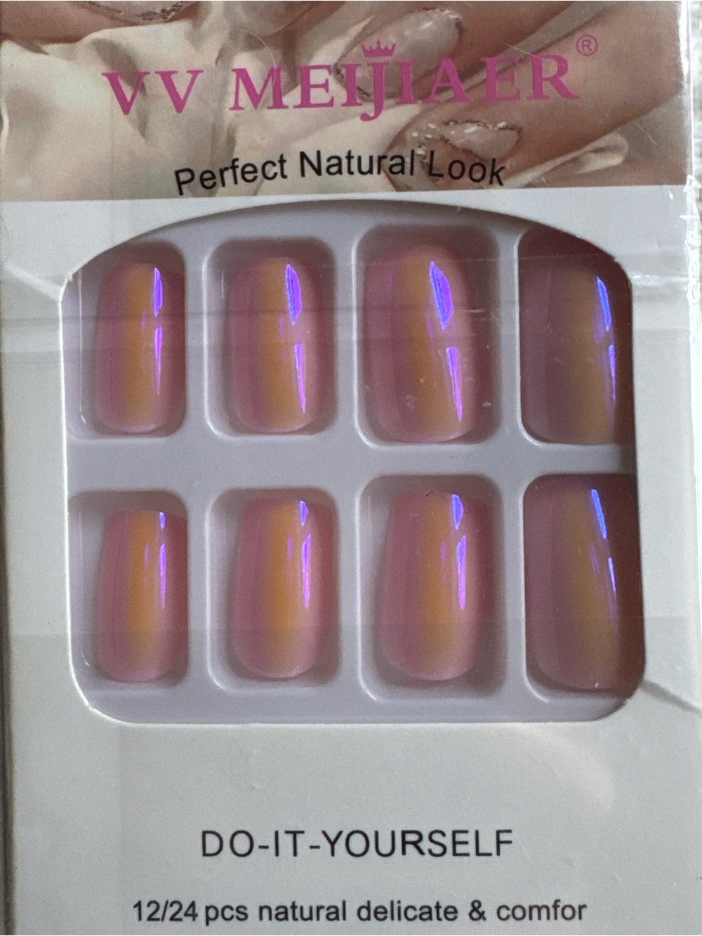 Pink Iridescent Press-On Nails Shiny Metallic Look DIY Beauty Nail Set